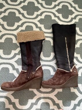 UGG Australia Sandra brown suede leather foldover wedge heel sheepskin boots